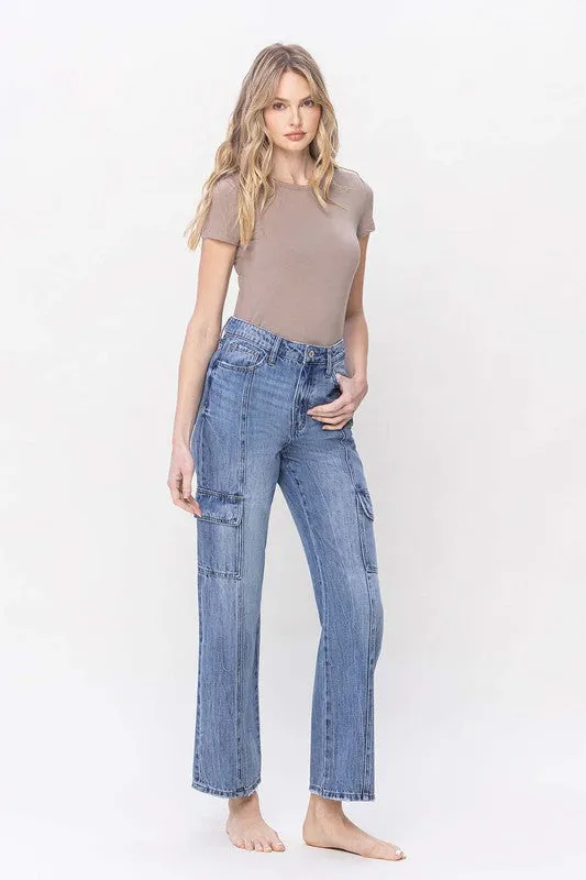 Vervet High Waisted Relaxed Straight Leg Blue Denim Dad Cargo Jeans