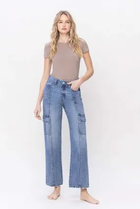 Vervet High Waisted Relaxed Straight Leg Blue Denim Dad Cargo Jeans