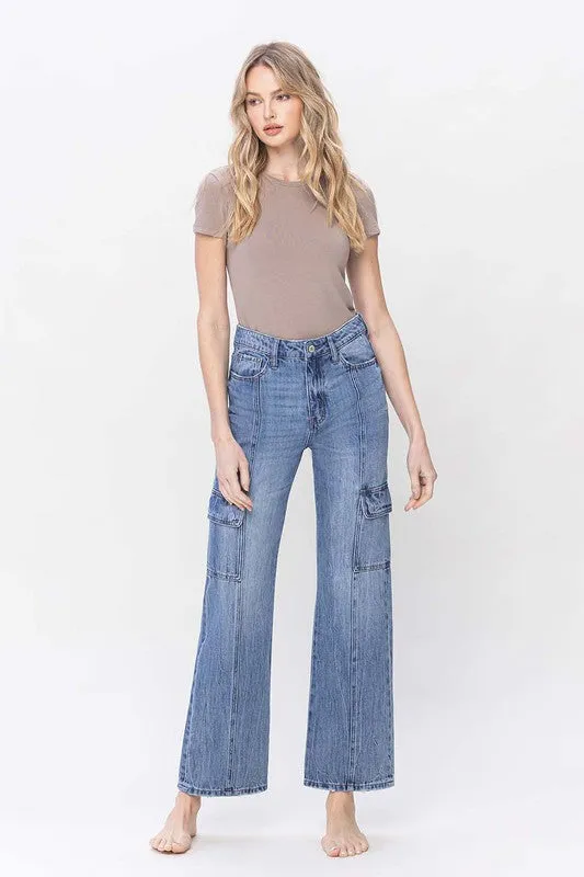 Vervet High Waisted Relaxed Straight Leg Blue Denim Dad Cargo Jeans