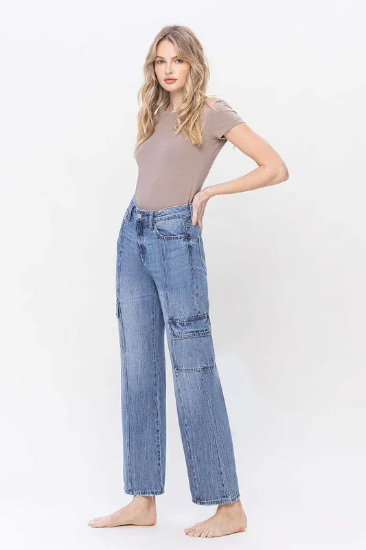 Vervet High Waisted Relaxed Straight Leg Blue Denim Dad Cargo Jeans