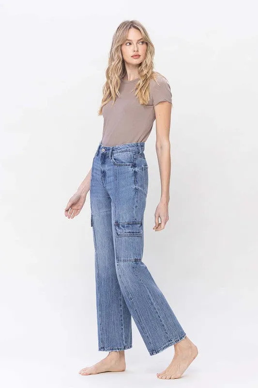Vervet High Waisted Relaxed Straight Leg Blue Denim Dad Cargo Jeans