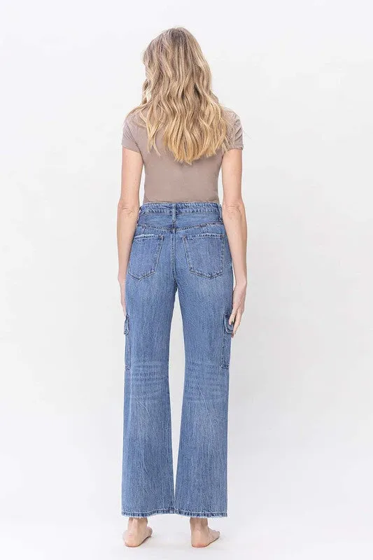 Vervet High Waisted Relaxed Straight Leg Blue Denim Dad Cargo Jeans