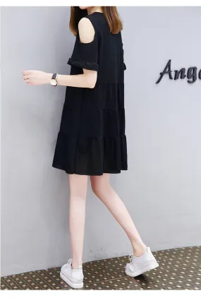 Women Korean Loose Plus Size Slim-Look Bare Shoulder Mid-Length A-Line Flare Solid Colored Minimalist Summer Dress