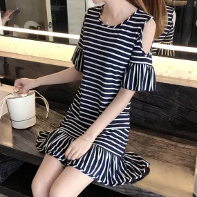 Women Summer Trendy Tops Ruffle Collar Striped Dress Korean Slim Look Bare-Shoulder Flare Sleeves Slip Dress