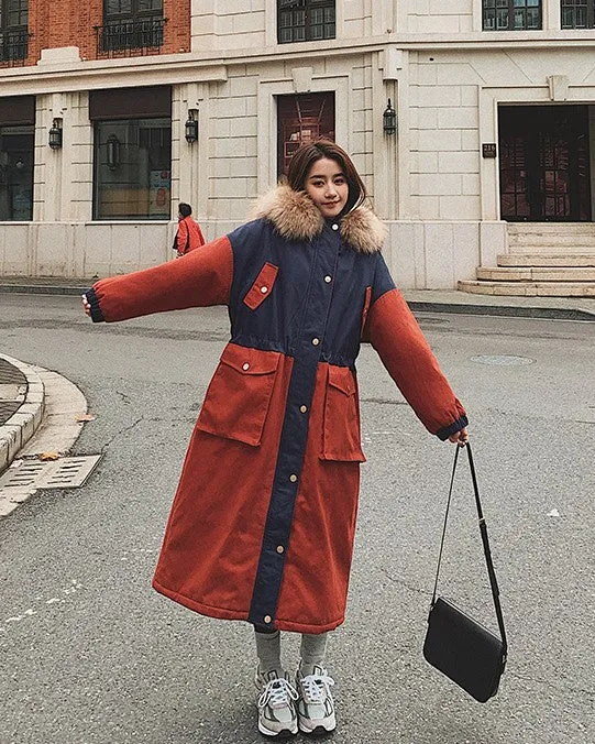 Workwear Oversize Over The Knee Color Contrast Women's Coat